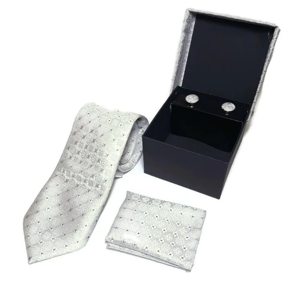💠3Pc Boxed Gift Tie Set Coordinated Cuff Links Hankerchief Silver Metallic